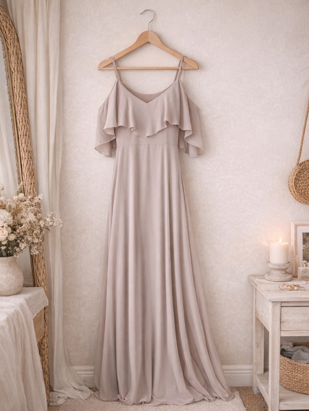 Birdy Grey Taupe Bridesmaid Dress Size M Convertible Off/On Shoulder Maxi